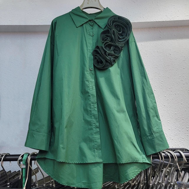 Fashion Women's Three-dimensional Flower T-shirts Loose Casual Long Sleeved Solid Color Tops Female  Autumn