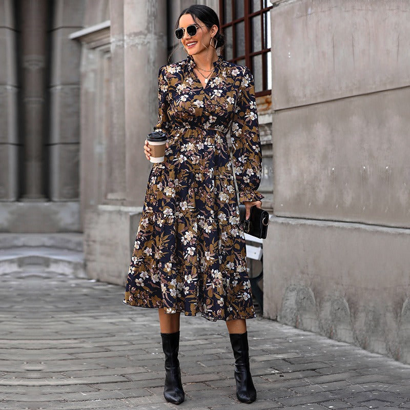 New autumn and winter women's printed European and American dresses with a sense of female design