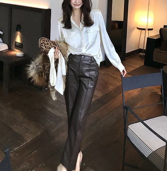 Vintage Style Designer Satin Blouse for Women,  Unique Loose Fit, Slimming Long Sleeve Top