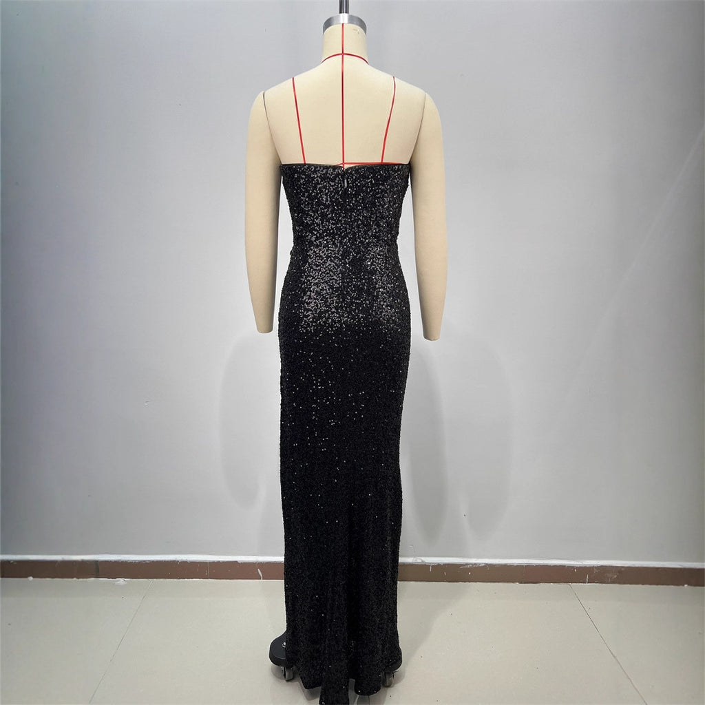 Spring and Summer New Women's Off-the-Shoulder Sequined Sexy Evening Dress Halter Sequined Sleeveless Party Dress Long Skirt