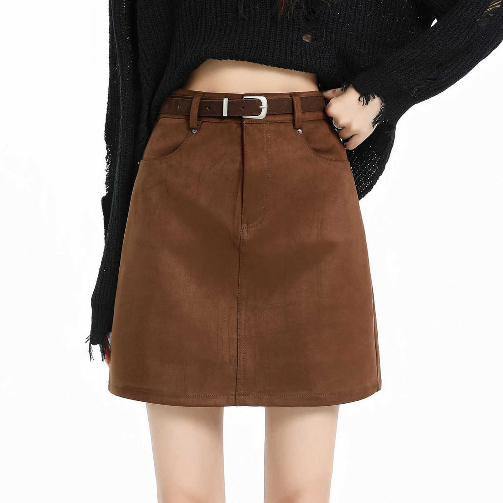 Vintage Suede Mini Skirt for Women, High Waist, Slim Fit, Anti-slip, Bodycon A-line Short Skirt