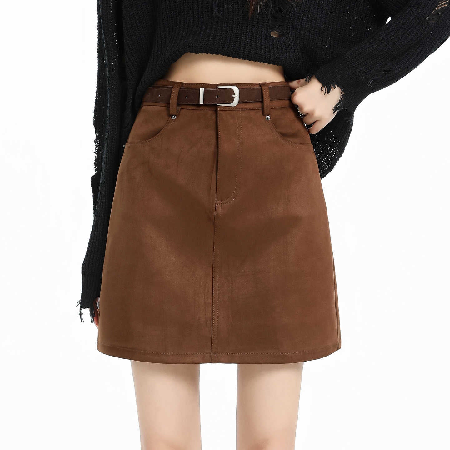 Vintage Suede Mini Skirt for Women, High Waist, Slim Fit, Anti-slip, Bodycon A-line Short Skirt