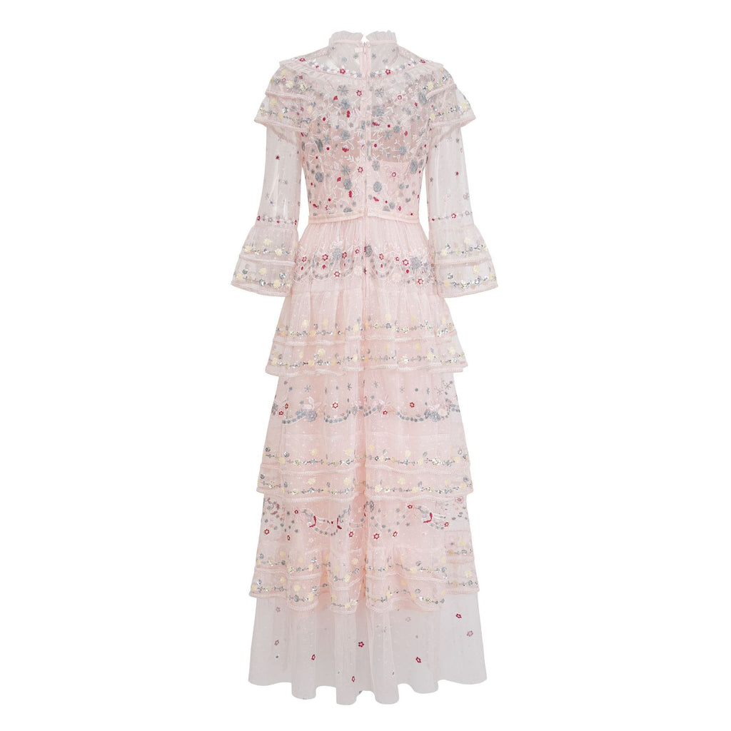 Cross-border European and American New Sequined Three-quarter Sleeve Heavy Craftsmanship Waist-cinched Tiered Hem Long Evening Dress