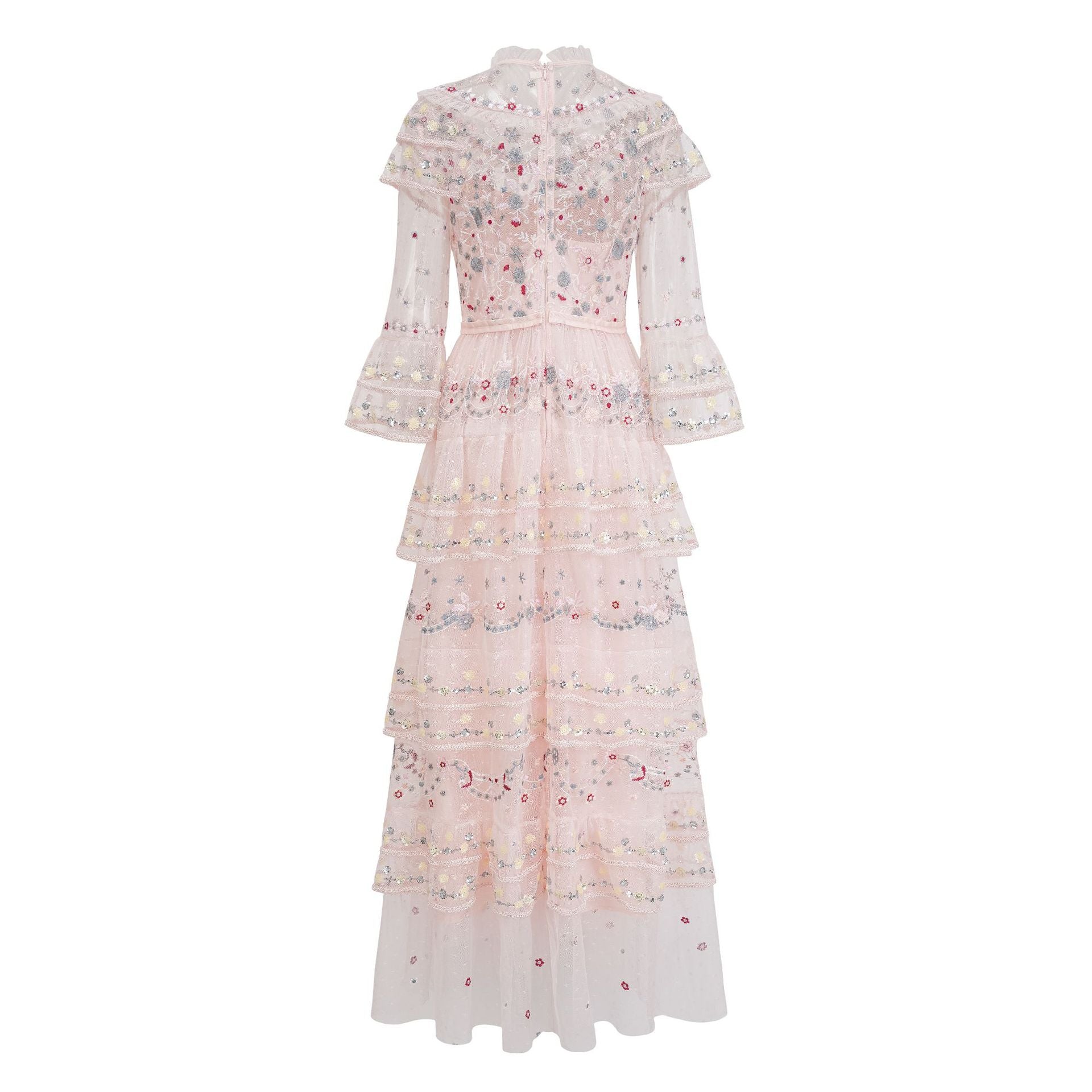 Cross-border European and American New Sequined Three-quarter Sleeve Heavy Craftsmanship Waist-cinched Tiered Hem Long Evening Dress