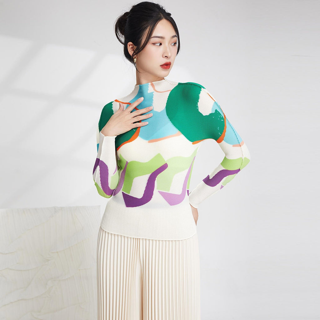 Print Pleated T-shirts For Women Spring New Long Sleeve Stand Collar Slim Casual Breathable Clothing Female 17G1384