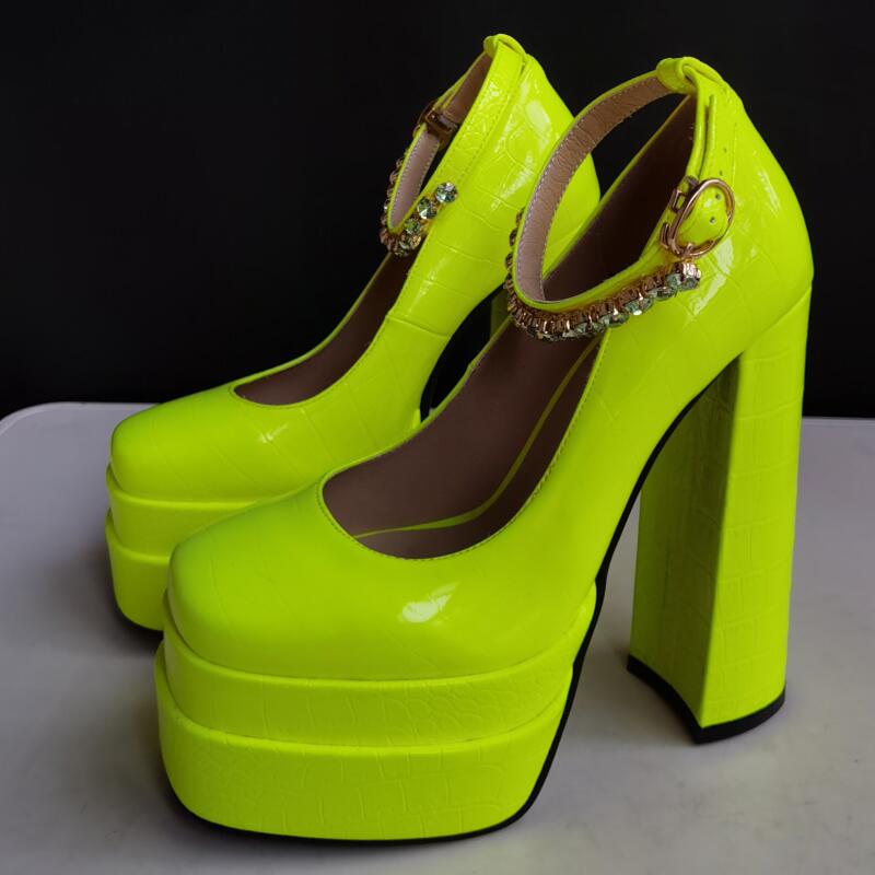 New Sexy Crocodile Pattern Pumps Platform Thick High Heel Rhinestone Party Women's Shoes Black Green Spring Summer Big Size