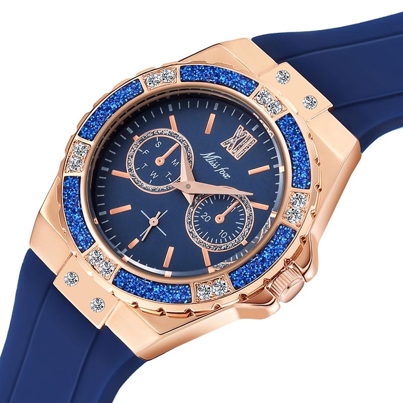 MISSFOX  2593 Women's Watches Chronograph Rose Gold Sport Watch Ladies Diamond Blue Rubber Band Xfcs Analog Female Quartz Wristwatch
