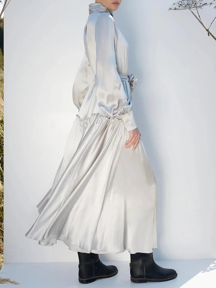 Patchwork Lace Up Solid Elegant Dresses For Women Turtleneck Lantern Sleeve High Waist Temperament Dress Female Fashion New