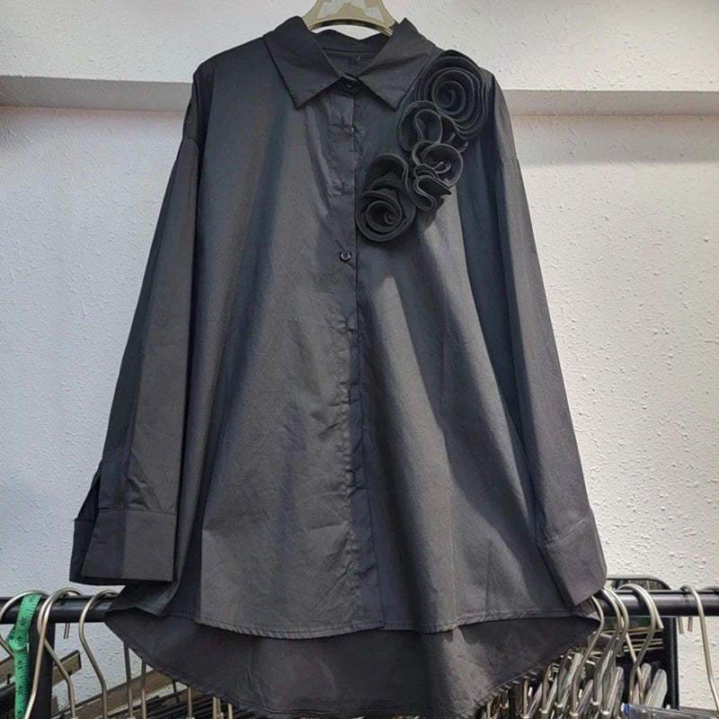 Fashion Women's Three-dimensional Flower T-shirts Loose Casual Long Sleeved Solid Color Tops Female  Autumn