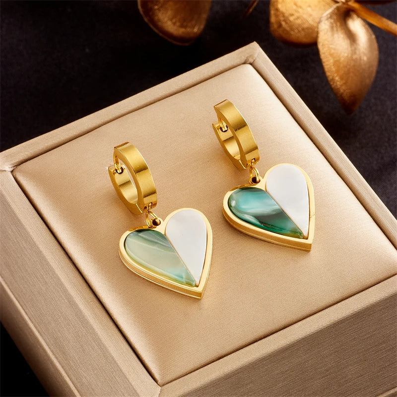 Stainless Steel  Gold Plated New Green Heart Acrylic Statement Earrings For Women Female Party Gift Brincos