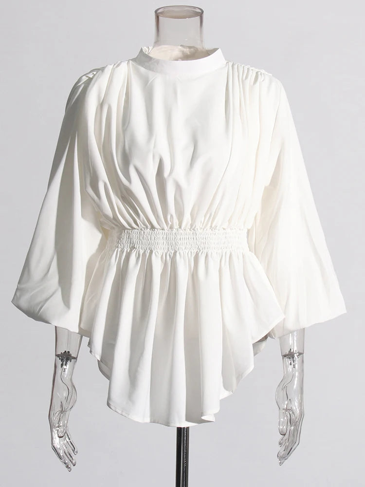 Solid Casual Loose Shirts For Women Round Neck Puff Sleeve Tunic Patchwork Folds Temperament Shirt Female Fashion