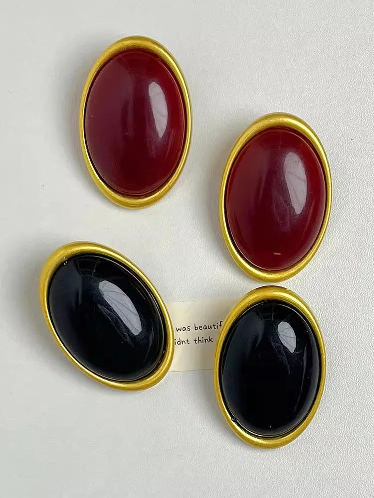 Vintage Exaggerated Wine Red Resin Geometric Oval Large Earrings for Women Chunky Unique Party Heavy Jewelry Accessories
