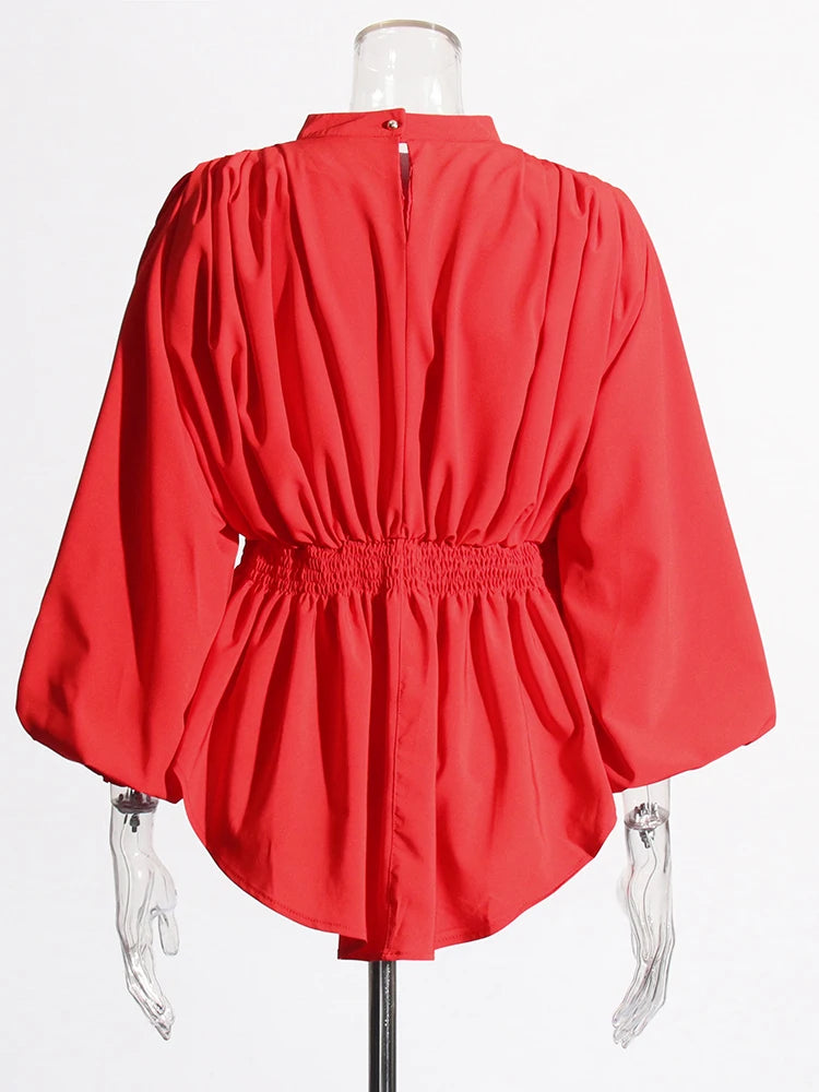 Solid Casual Loose Shirts For Women Round Neck Puff Sleeve Tunic Patchwork Folds Temperament Shirt Female Fashion