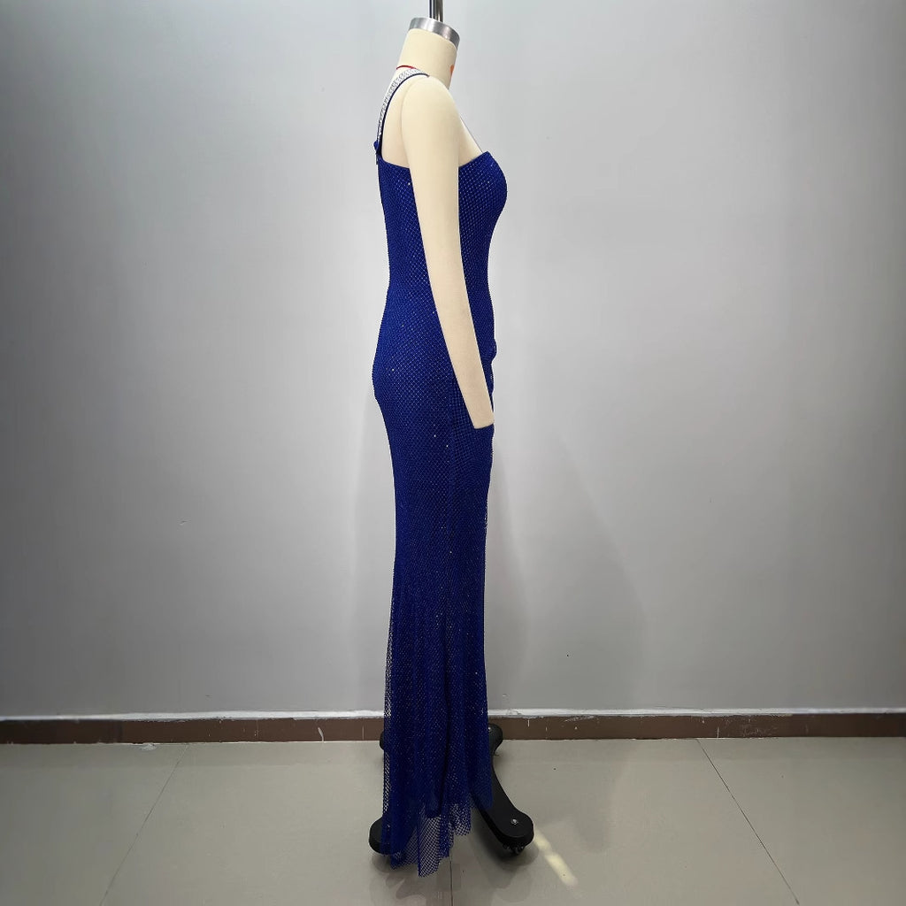 Fashion Backless One-Shoulder Rhinestone Decorated Fitted Sleeveless Pleated Slit Long Bodycon Dress for Women