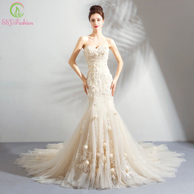 Romantic Light Champagne Mermaid Wedding Dress Sweetheart Lace Flower Fishtail Wedding
