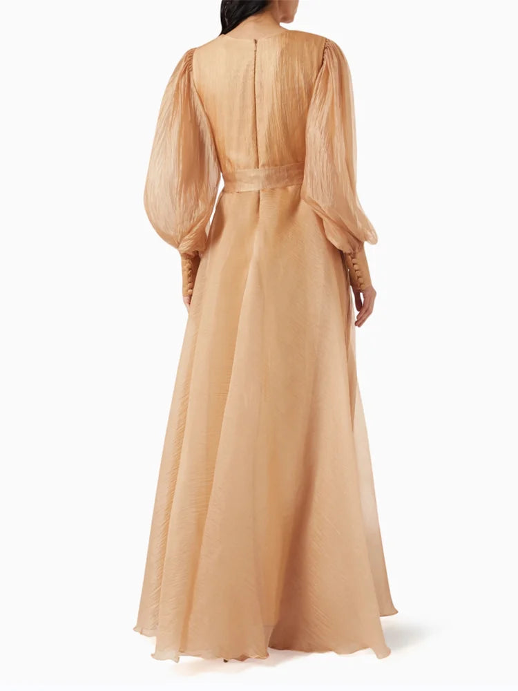 Solid Spliced Lace Up Elegant Dresses For Women V Neck Lantern Sleeve High Waist Patchwork Zipper Long Dress Female Fashion