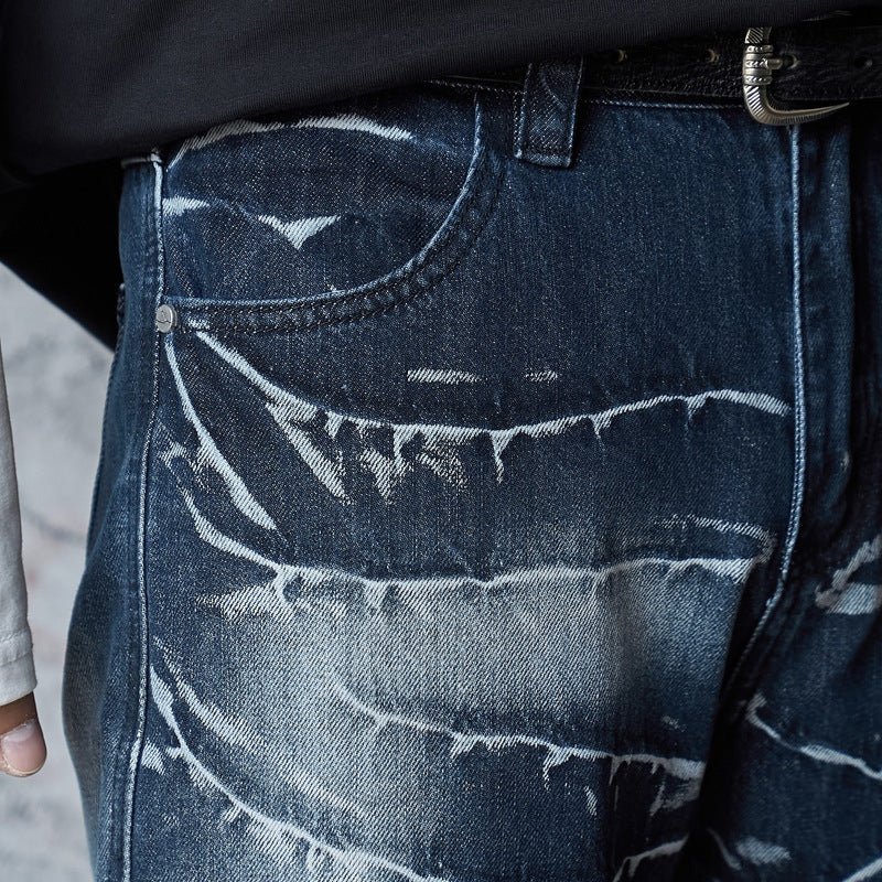 Retro Washed Lightning Pattern Men's Long Pants, INS Autumn Trendy Streetwear, Cool and Versatile Slightly Flared Jeans
