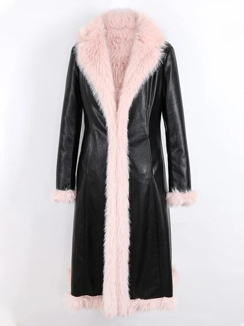 Winter Long Black Fitted Thick Warm Pu Leather Coat Women with Pink Hairy Shaggy Fluffy Faux Fur Inside Runway Parka