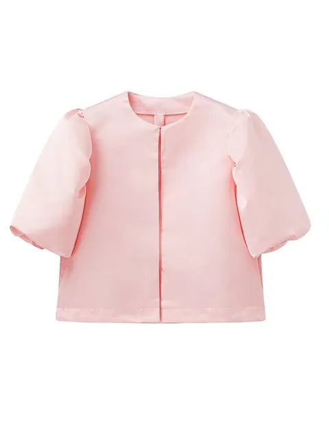 Solid Satin New Women's Blouse Top With Pouf Balloon Sleeve Spring Summer Female Sleeves O Neck Loose Short Shirt Female Blouses