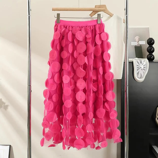 Fashionable Polka Dot Tulle Skirt for Women High Street Patchwork A Line High Waist Midi Long Mesh Skirt Female PinK