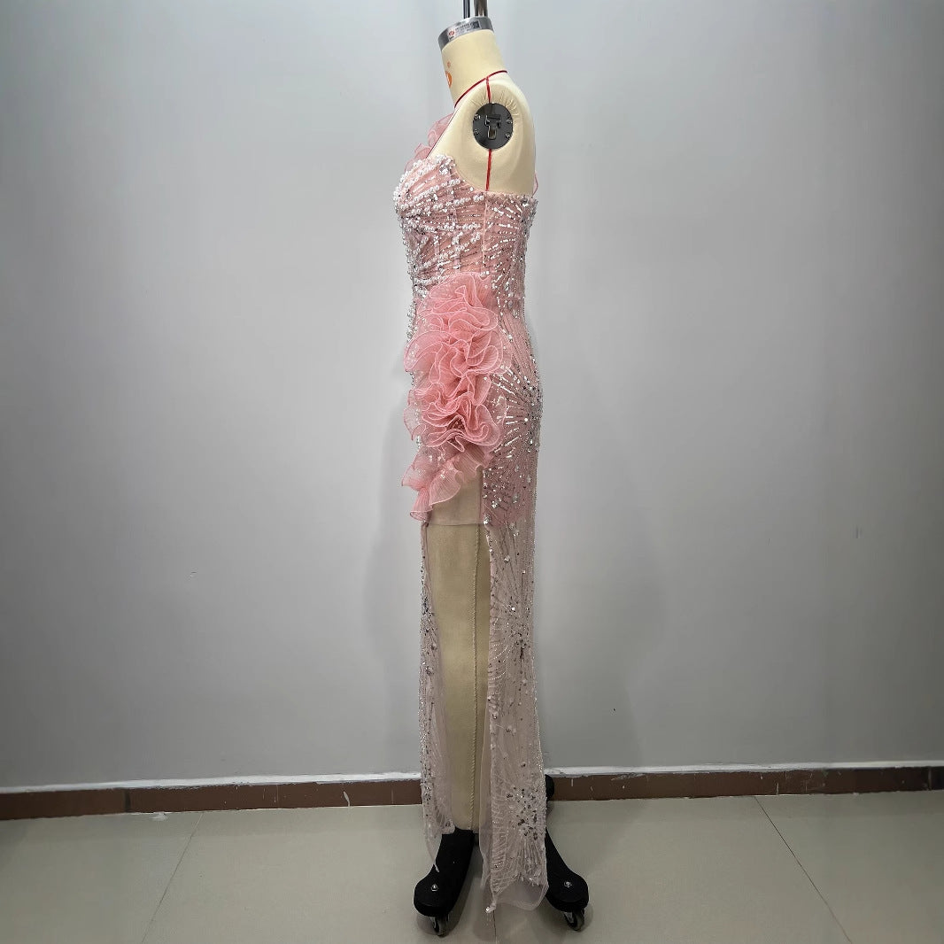 Fashionable Pink Strapless Sequined Pleated Hem Fitted Beaded Slit Long Maxi Dress for Evening