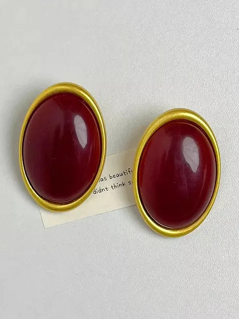 Vintage Exaggerated Wine Red Resin Geometric Oval Large Earrings for Women Chunky Unique Party Heavy Jewelry Accessories