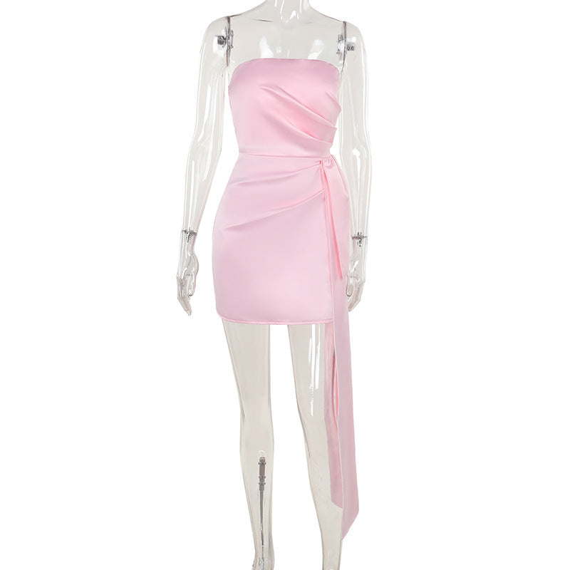 Slimming satin ribbon strapless dress for women