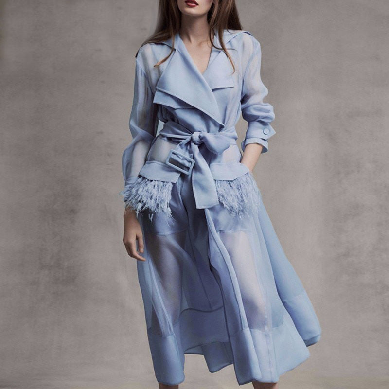 Voilet Lace up Windbreaker Dress Women Long Sleeve Feather Pockets Sexy Party Dresses Female Elegant Clothes