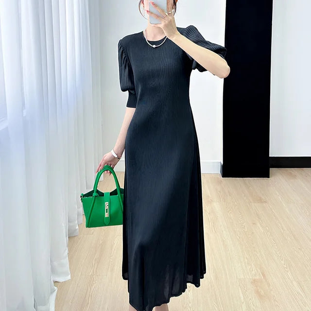Pleated Dress Women Lantern Sleeve Solid Color Round Collar A Line Loose New Medium Long Elegant Female