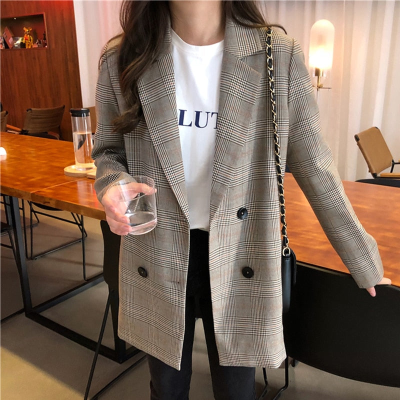 Office Ladies Notched Collar Plaid Women Blazer Double Breasted Autumn Jacket Casual Pockets Female Suits Coat