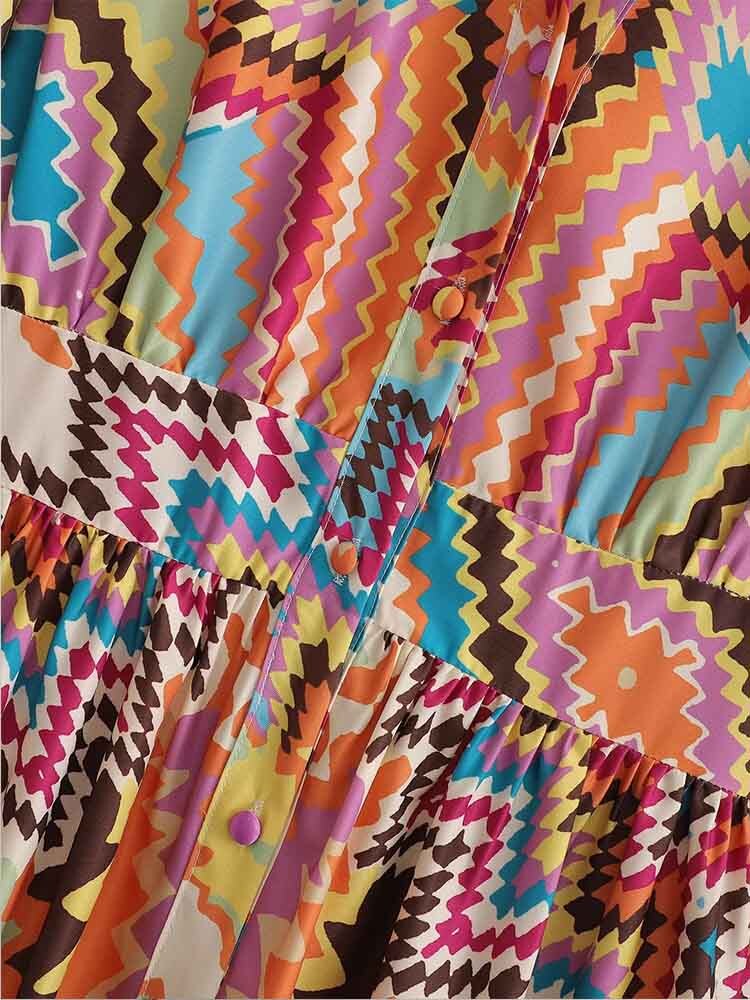 Women Dress Fashion Printed Midi Dress Woman Vintage Long Sleeve Female Party Dresses