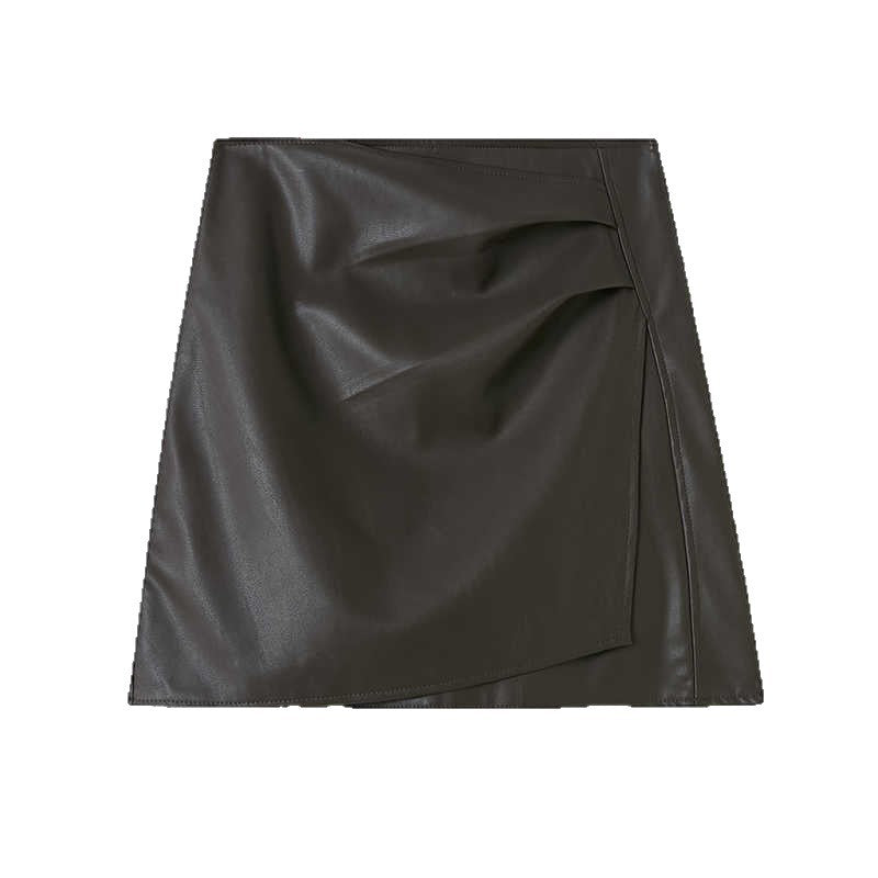 Irregular Pleated PU Leather Skirt Women High Waist Slim Fit Bodycon A-Line Mini Skirt