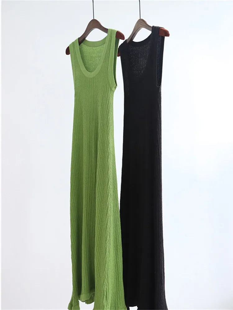 Green or Black Women U Neck Ruffles Knit Tank Dress  Spring Summer Female Sleeveless Midi Robes