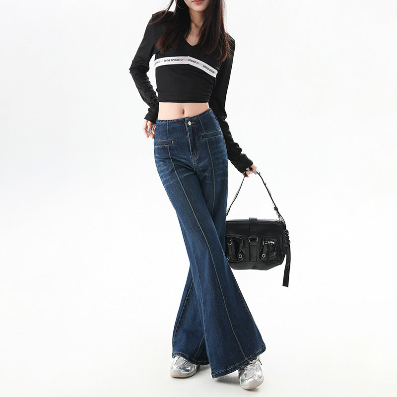 Retro  Style Flared Jeans for Women High Waist Slim Fit  Pants