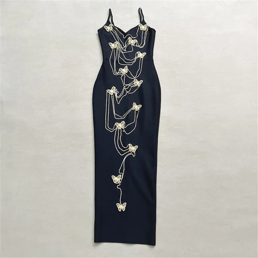 Fashionable and elegant party dress with embroidered butterfly bead chain dress