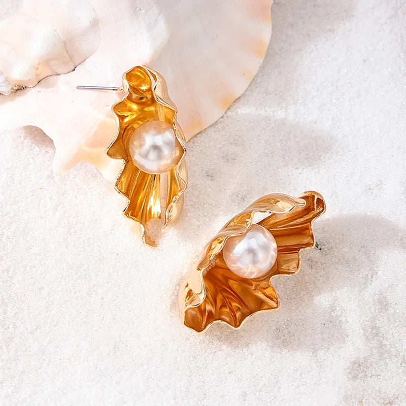Shell Imitation Pearl Exaggerate Summer Earrings Trendy Fashion Women Jewelry Party Gifts Personality Exquisite Geometric RG0302