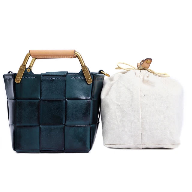 New Trendy Women Mini Calf Skin Leather Woven Clutches Basket Bag  Female Plaid Square Handbag Luxury Copy Crossbody