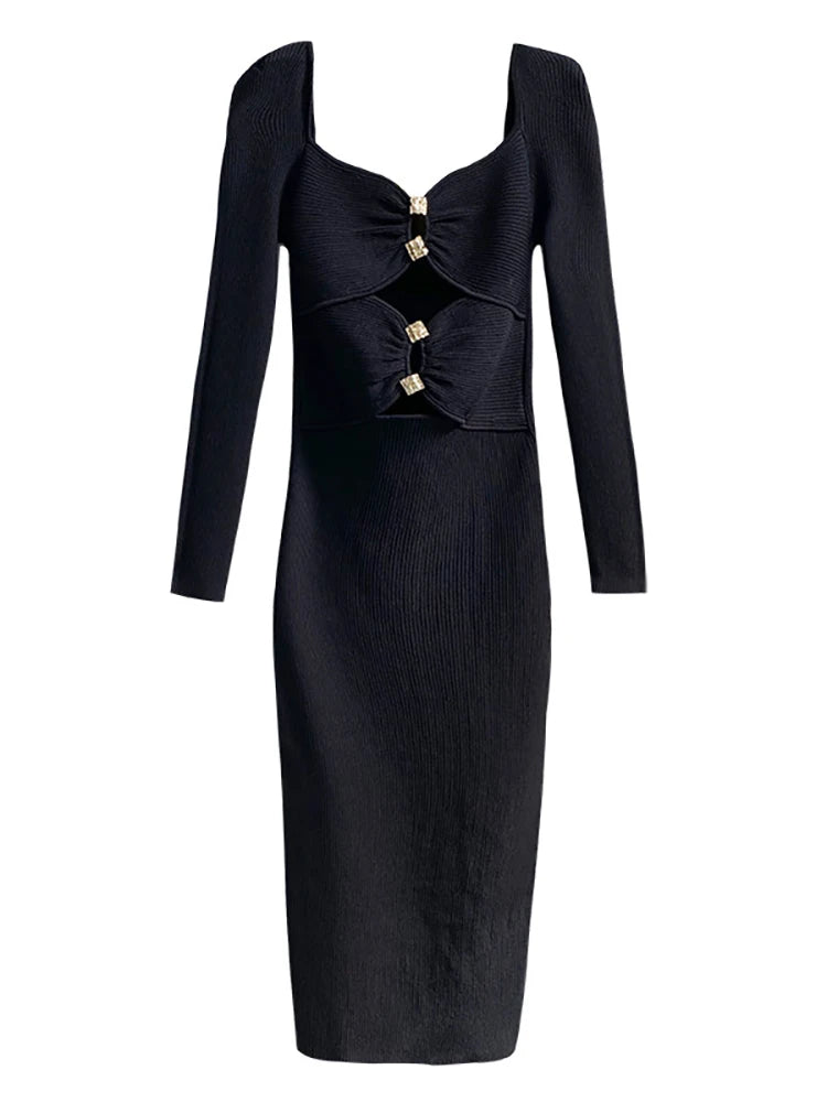Knitted Dress Square Collar Long Sleeve Hollow Out Slim Female Elegant Dresses Autumn