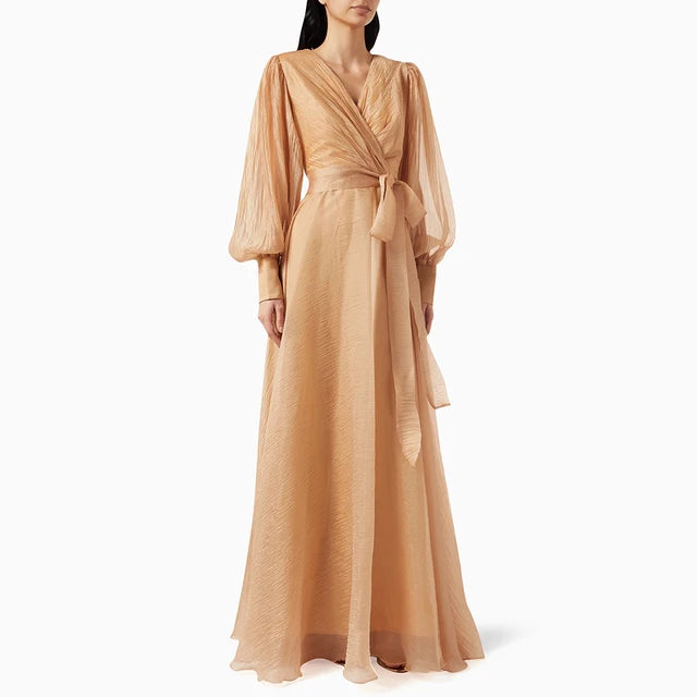 Solid Spliced Lace Up Elegant Dresses For Women V Neck Lantern Sleeve High Waist Patchwork Zipper Long Dress Female Fashion