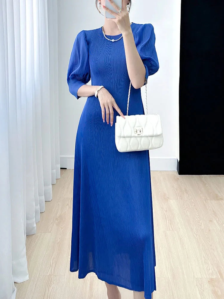 Pleated Dress Women Lantern Sleeve Solid Color Round Collar A Line Loose New Medium Long Elegant Female