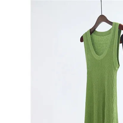 Green or Black Women U Neck Ruffles Knit Tank Dress  Spring Summer Female Sleeveless Midi Robes