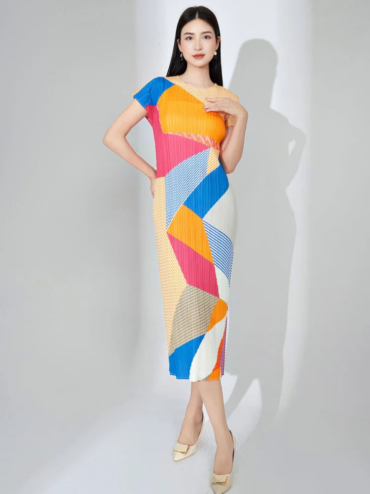 Slim Elegant Pleated Dress For Women Round Neck Short Sleeves Color Block Belt Dresses Female Clothes Summer