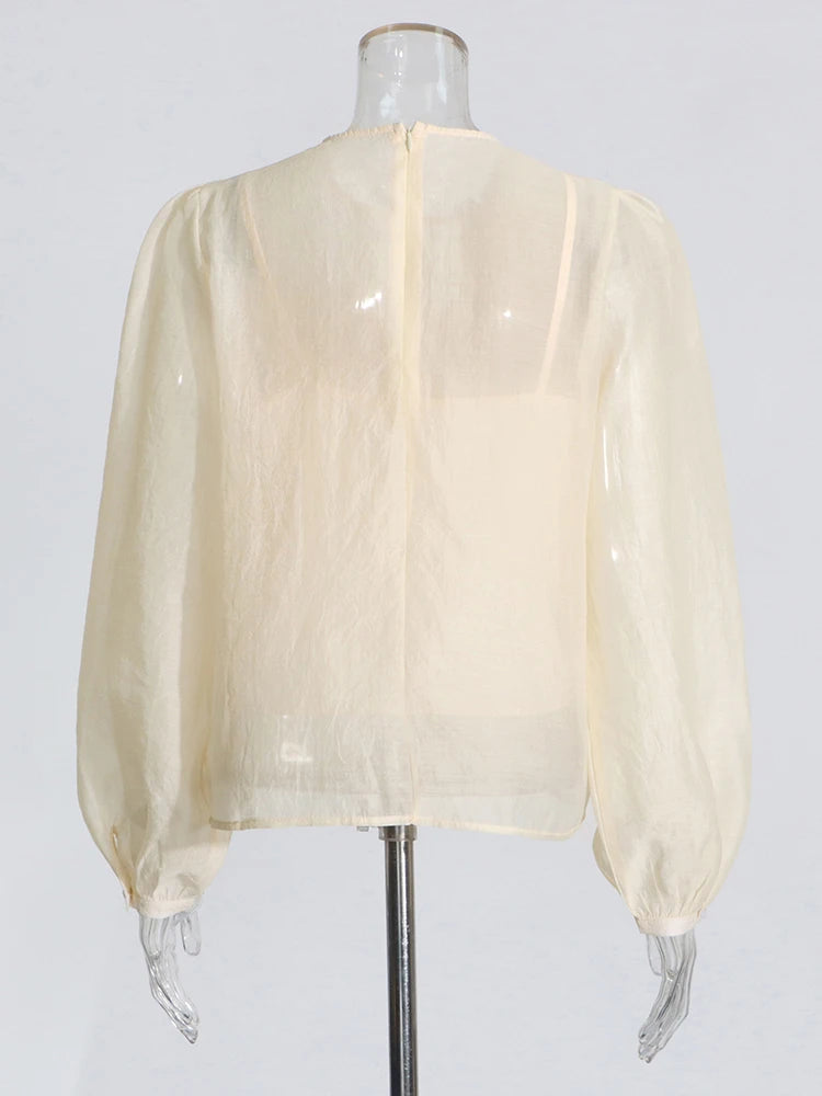 Patchwork Appliques Temperament Shirts For Women Round Neck Lantern Sleeve Chic Loose Shirt Female Fashion Clothes