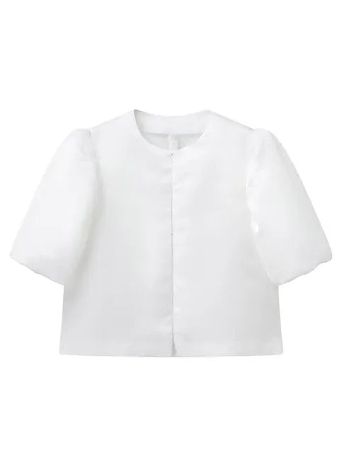 Solid Satin New Women's Blouse Top With Pouf Balloon Sleeve Spring Summer Female Sleeves O Neck Loose Short Shirt Female Blouses