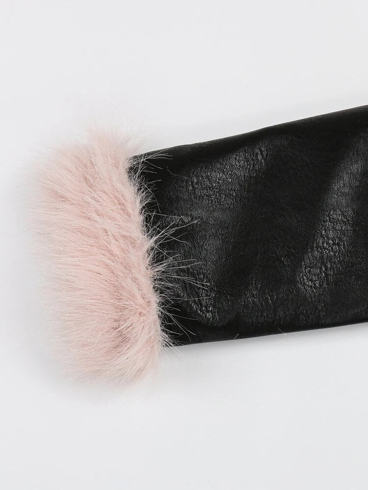 Winter Long Black Fitted Thick Warm Pu Leather Coat Women with Pink Hairy Shaggy Fluffy Faux Fur Inside Runway Parka