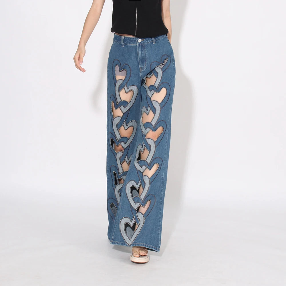European and American sexy spicy style pants, casual and fashionable heart-shaped hollow high waisted jeans, women's trend
