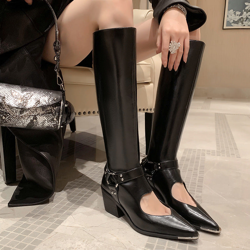 Genuine Leather Shoes Woman Knee HIgh Boots Spring Autumn Pointed Toe CHunky Heels Black Silver Dress Party Casual Shoes