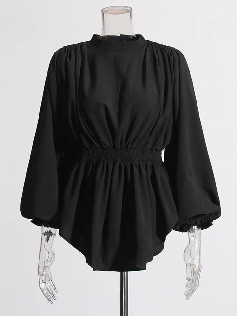 Solid Casual Loose Shirts For Women Round Neck Puff Sleeve Tunic Patchwork Folds Temperament Shirt Female Fashion