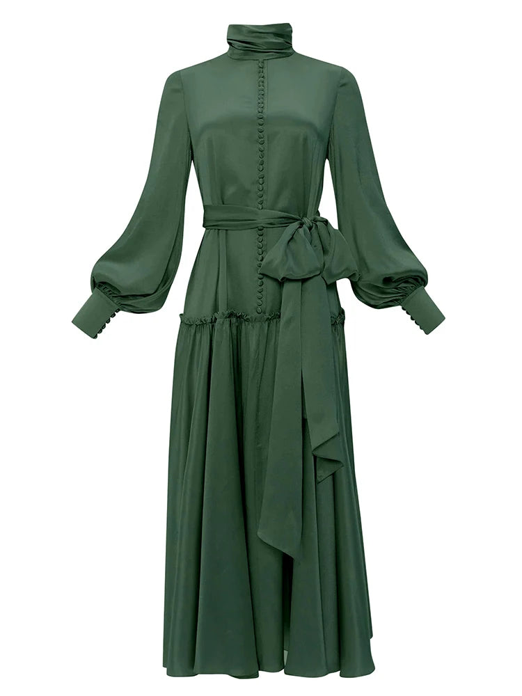 Patchwork Lace Up Solid Elegant Dresses For Women Turtleneck Lantern Sleeve High Waist Temperament Dress Female Fashion New