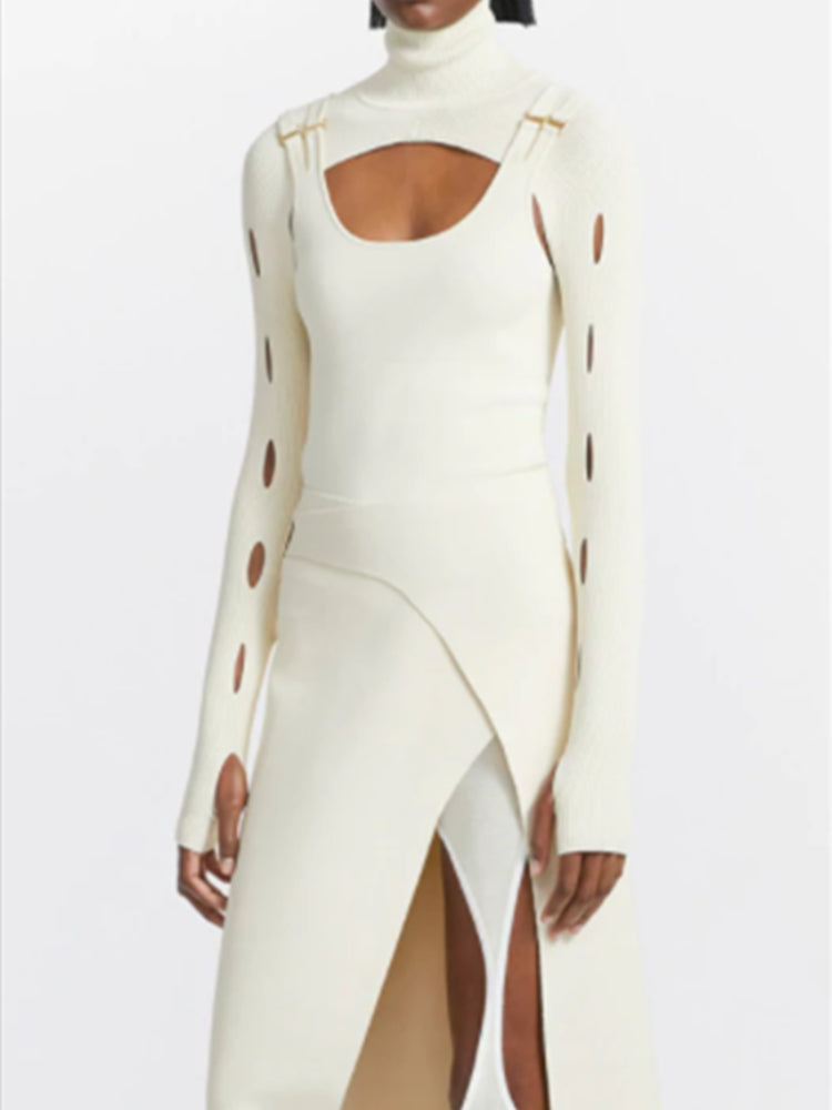 Autumn/Winter New Two-piece Women Knitted Tops High Quality Poorer Hollow Sweater High Street Elegant Fashion Viscose Clothes